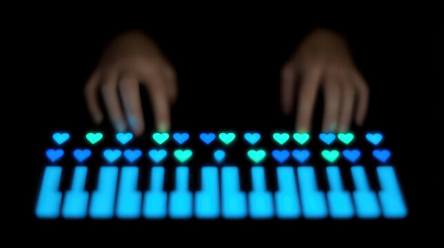 Digital love letters valentine concept with glowing blue piano keys and heart shapes under hands playing music in dark - Powered by Adobe