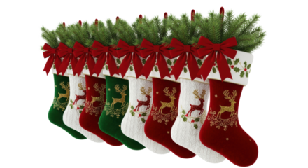 Six luxurious christmas stockings in red velvet, green wool, and white knit felt, adorned with gold embroidery and bows, perfectly aligned on a transparent backdrop. Luxurious christmas holiday