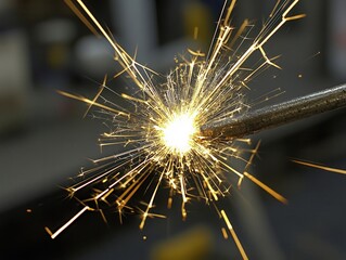 Fototapeta premium Bright welding arc light creates stunning radial sparks during metalwork in a workshop at dusk