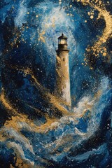 Lighthouse Amidst Abstract Blue and Gold Waves. --chaos 12 --ar 2:3 --v 6.1 Job ID: 5051c130-42b6-4061-8684-62a5be3d9721
