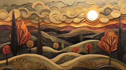 Handcrafted paper collage showing the harmony of nature in autumn, with rich trees, rolling hills, and a glowing sun creating a dreamy, peaceful landscape. 
