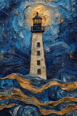 Lighthouse Amidst Abstract Blue and Gold Waves. --chaos 12 --ar 2:3 --v 6.1 Job ID: 5051c130-42b6-4061-8684-62a5be3d9721