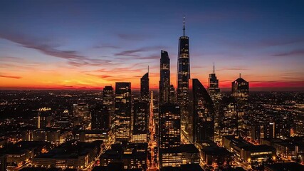 An aerial drone shot pans across the stunning Philadelphia city skyline at sunset with glowing skyscrapers and a vibrant orange sky, ideal for travel vlogs, cinematic films, or corporate ads.