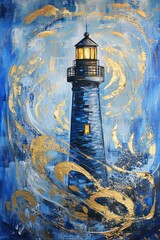 Lighthouse Amidst Abstract Blue and Gold Waves. --chaos 12 --ar 2:3 --v 6.1 Job ID: 5051c130-42b6-4061-8684-62a5be3d9721