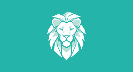 Graphic, stylized white lion head against a turquoise background
