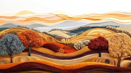 Magical autumn valley in soft paper art, with harmonious hues of orange, brown, and gold blending across trees, skies, and earth, captured at sunrise. 