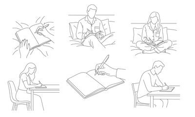 Obraz premium Minimalist line drawing of a person holding a pen, Simple line art of a man and woman working at a desk, Relaxed people journaling in bedroom, minimal line style