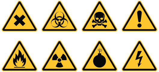Hazardous material safety warning signs with symbol black on yellow background, vector icons for chemical hazards, industrial safety, risk communication, and workplace warning illustration.