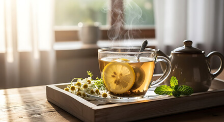 Cup of Herbal Tea with Lemon on Wooden Tray Cozy Drink Hot Beverage Chamomile Flowers and Mint Leaves Relaxation Morning Refreshment Wellness