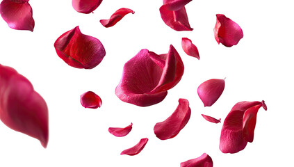 Fototapeta premium Rose petals, vibrant crimson, float in mid-air against a stark black background. Each petal is sharply defined, showcasing delicate curves and textures. A captivating display of falling blossoms
