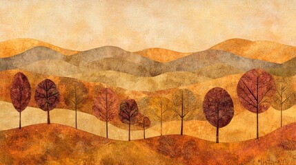 Magical autumn valley in soft paper art, with harmonious hues of orange, brown, and gold blending across trees, skies, and earth, captured at sunrise. 