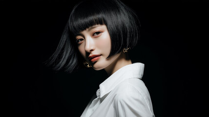 Fototapeta premium 漆黒シームレス前で外ハネボブと白シャツの女性が端正に立つ夜の肖像