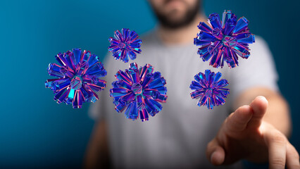 Abstract visual representation of science, digital art, virus concept. Man in gray shirt interacting with a 3D