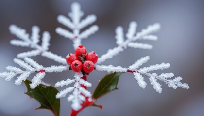 Vibrant red berries and green holly leaves coated in delicate white frost creating a beautiful winter scene