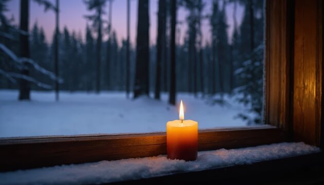 A glowing candle illuminates a snowy wooden window sill revealing a tranquil winter forest at dusk outside - Powered by Adobe