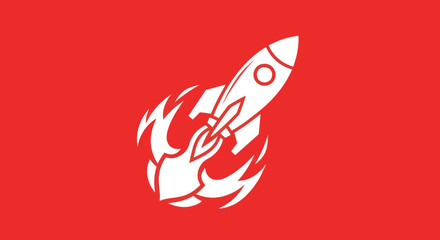 White rocket with flames on a solid red background, pointing upwards