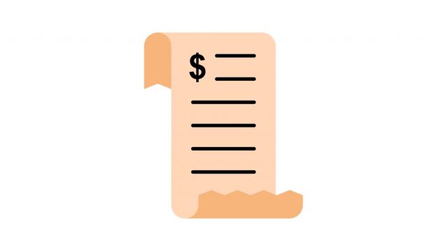 Bill icon animation. illustration of a paper receipt bill with a dollar sign. Represents financial transactions, expenses, payments, and accounting. Useful for websites, apps, and print materials rela