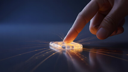 Human finger interacting with glowing digital microchip, AI innovation and future technology concept