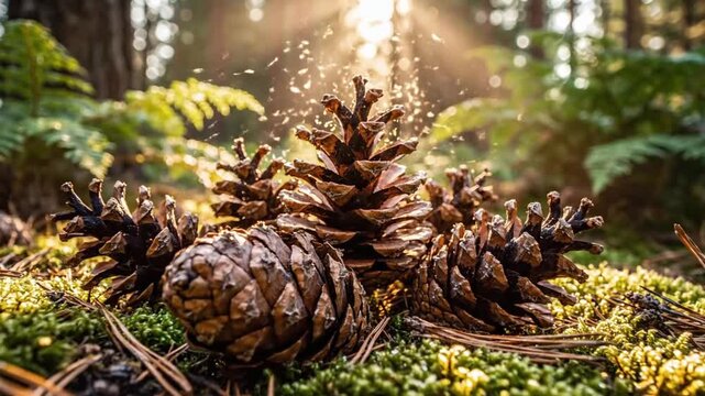Pine cones on mossy forest floor with sunlight