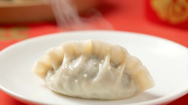 Steaming hot Chinese dumpling on white plate with red background