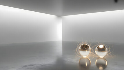 Abstract glowing spheres connected by energy lines in minimal futuristic interior space