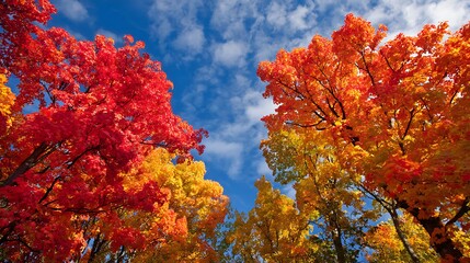 Vibrant crimson and gold foliage dramatically contrasts against a bright blue sky during the peak of the autumn season.