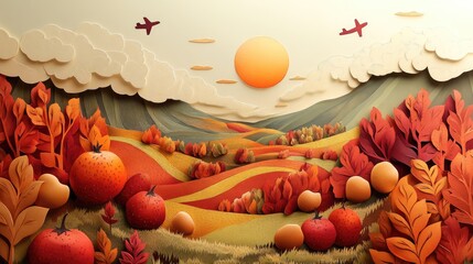 Paper-cut design of a cozy autumn valley with oversized fruits, gently rising sun, detailed foliage, and dreamy skies filled with aircrafts and playful clouds. 