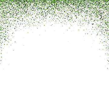 Green confetti particles cascade downwards across the top border creating a festive frame against a bright white background for celebratory design use.