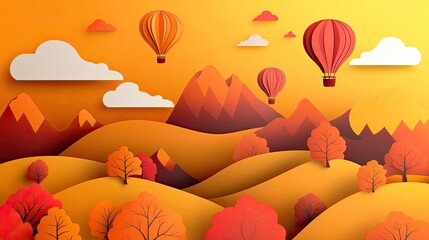 Paper-style dreamland in fall, showing colorful trees, sunlit valleys, cloud clusters, and warm-toned backgrounds with hot air balloons drifting high above