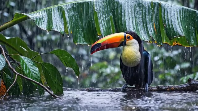 Toco Toucan bird sitting under banana leaf in tropical rain forest