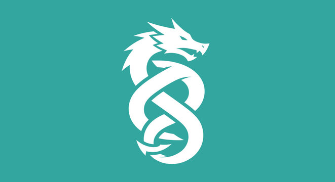 White simplified dragon coiled on a teal background