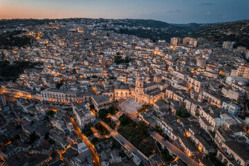 Aerial Dusk to Night View of Modica Old Town, Sicily