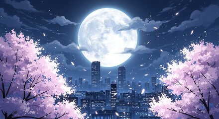 Night Cityscape with Cherry Blossoms and Full Moon.