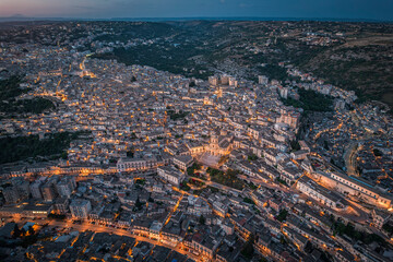 Aerial Dusk to Night View of Modica Old Town, Sicily