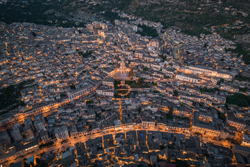 Aerial Dusk to Night View of Modica Old Town, Sicily