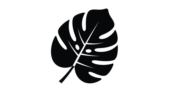 Simple black silhouette of a monstera plant leaf on a white background for nature inspired branding and tropical decor themes.