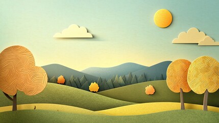 Stylized paper landscape of a crisp autumn day with woven-texture trees, pastel skies, and a bright sun casting golden light over peaceful rolling hills and distant mountain peaks. 