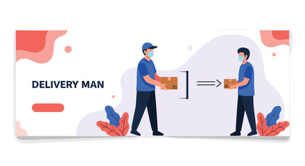 Website banner design showing a delivery man in a mask handing a package to another man to promote safe courier service.