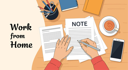 Top down view of a desk with hands writing notes, a cup of coffee, a smartphone, and various office supplies on the table.