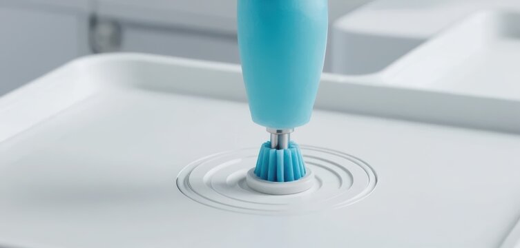 Close up of a blue dental polishing brush resting on a clean white surface with concentric circular patterns