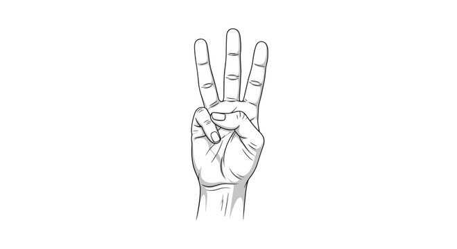 Detailed line drawing of a human hand showing three fingers for counting or signaling in a classic black and white artistic style.