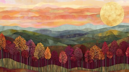 Stylized paper landscape of a crisp autumn day with woven-texture trees, pastel skies, and a bright sun casting golden light over peaceful rolling hills and distant mountain peaks. 