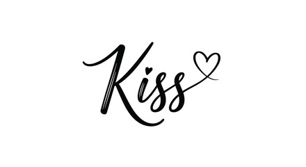 Elegant black cursive lettering of the word kiss with a small heart integrated into the design on a clean white background.