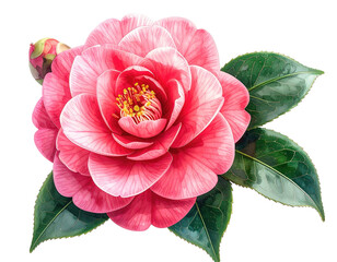 A vibrant, close-up digital illustration showcases a blooming pink camellia flower and bud