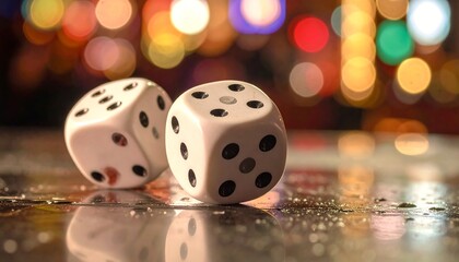 Two dice on a reflective surface with bokeh background.