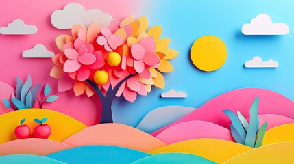 Sunlit fantasy terrain in papercraft, featuring cheerful foliage, minimal shapes, and a calm sky where an apple tree grows near colorful fields. --