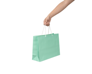 A person's hand holding a paper shopping bag with handles on a clean white background. Studio shot with ample copy space for text, logos, or branding. Isolated on white, cut out.