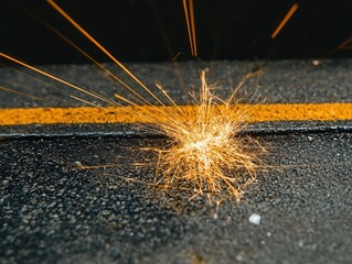 Orange sparks fly creating lively diagonal motion against a dark surface with a contrasting yellow line in the background