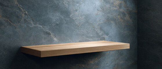 Floating wooden shelf marble wall dove gray stone minimalist interior modern bathroom sleek design natural texture soft lighting clean lines empty display gently serene