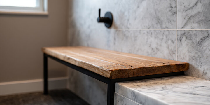 Marble shower wood bench black hook tile wall spa bathroom modern design rustic seat natural texture minimalist style cozy mood marble shower with wood bench and black hook pairs tile wall with